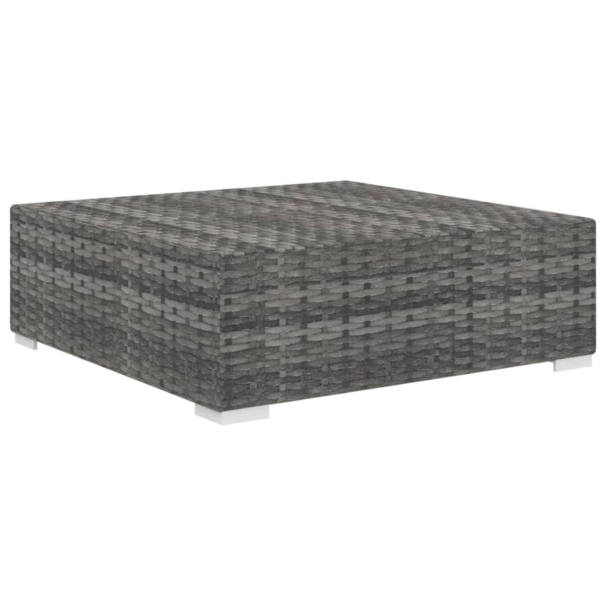 Ein quadratischer grauer Korbtisch mit weißen Füßen.