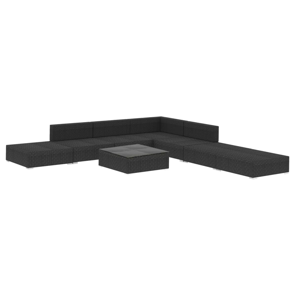 Schwarzes Outdoor-Sofa aus Korbgeflecht mit Glastisch. Vor weißem Hintergrund.