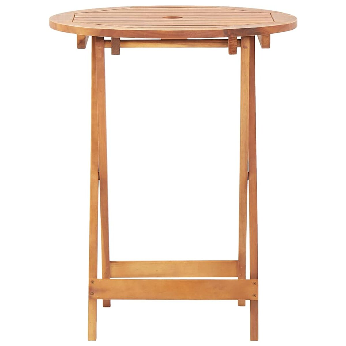Runder Holztisch mit Loch in der Mitte. Der Tisch hat Holzbeine.