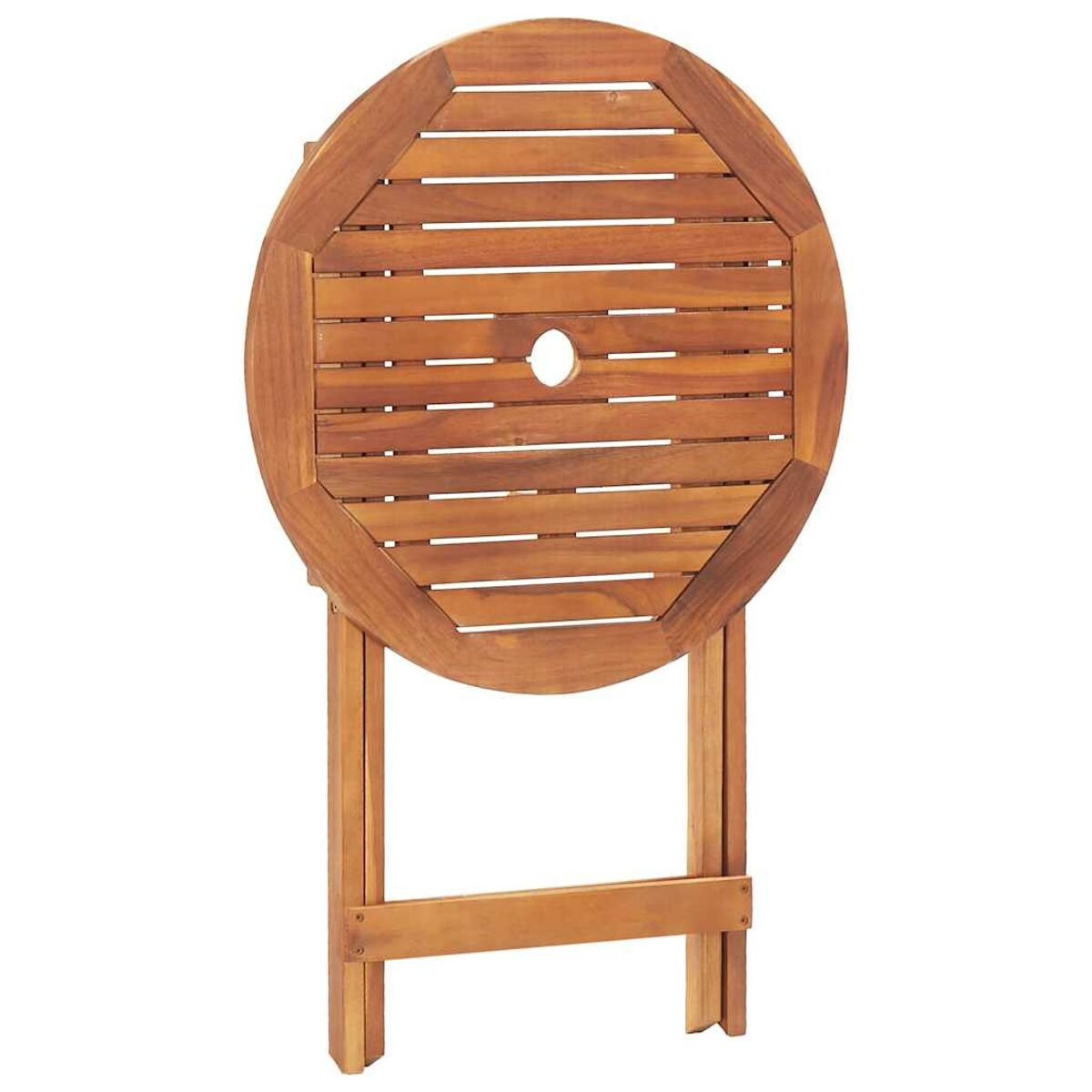 Runder Holz-Klapptisch mit Lattenrost und zwei Beinen, auf weiß.