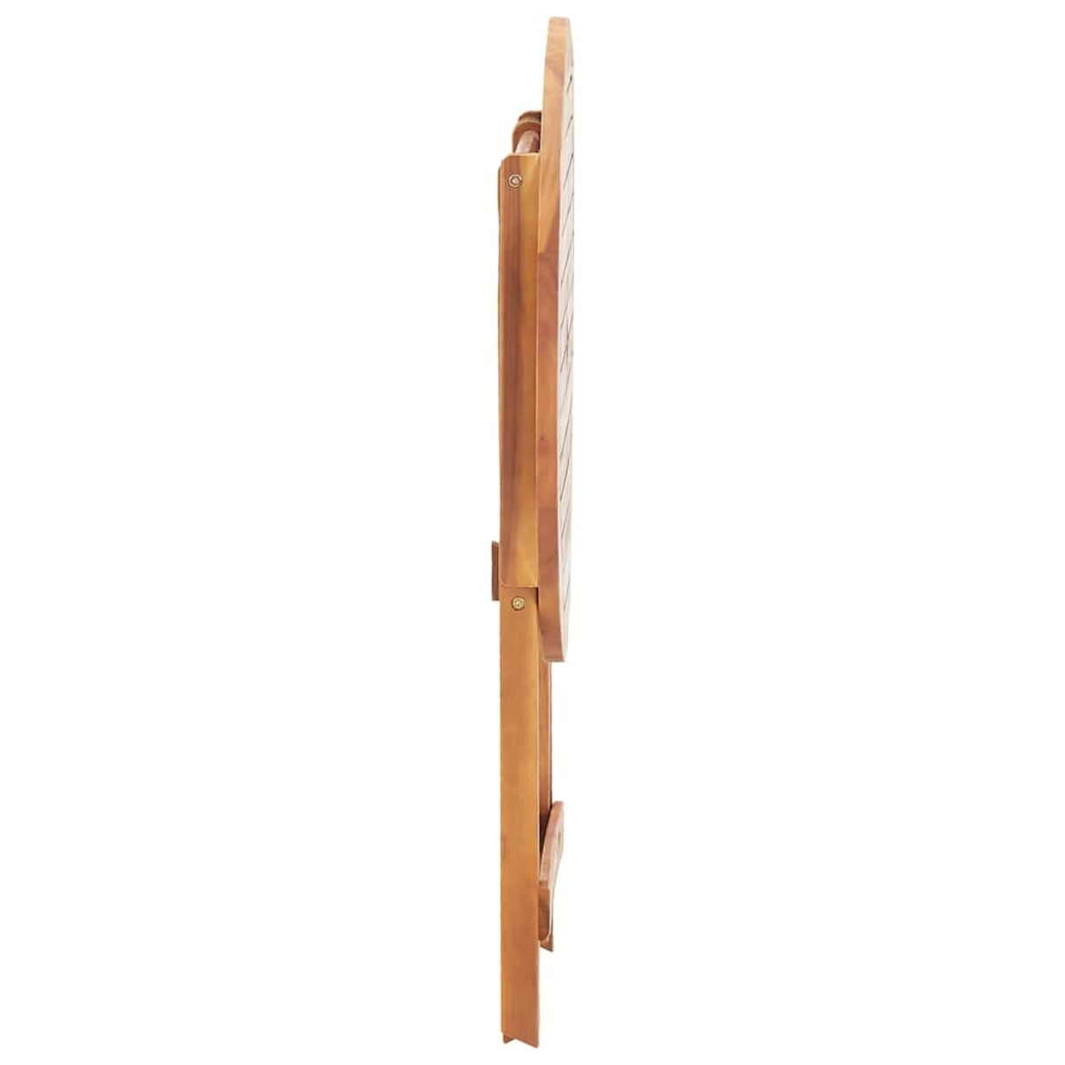 Ein zusammengeklappter Holztisch von der Seite betrachtet. Das Holz hat eine warme, natürliche Farbe.
