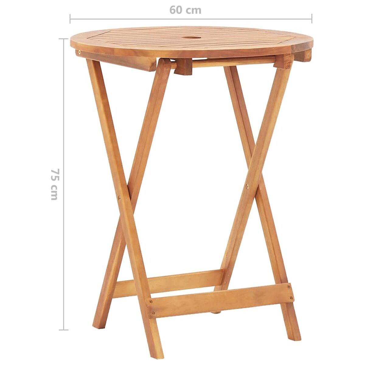 Ein runder, klappbarer Holztisch. Er hat eine braune Oberfläche und braune Beine in Kreuzform.