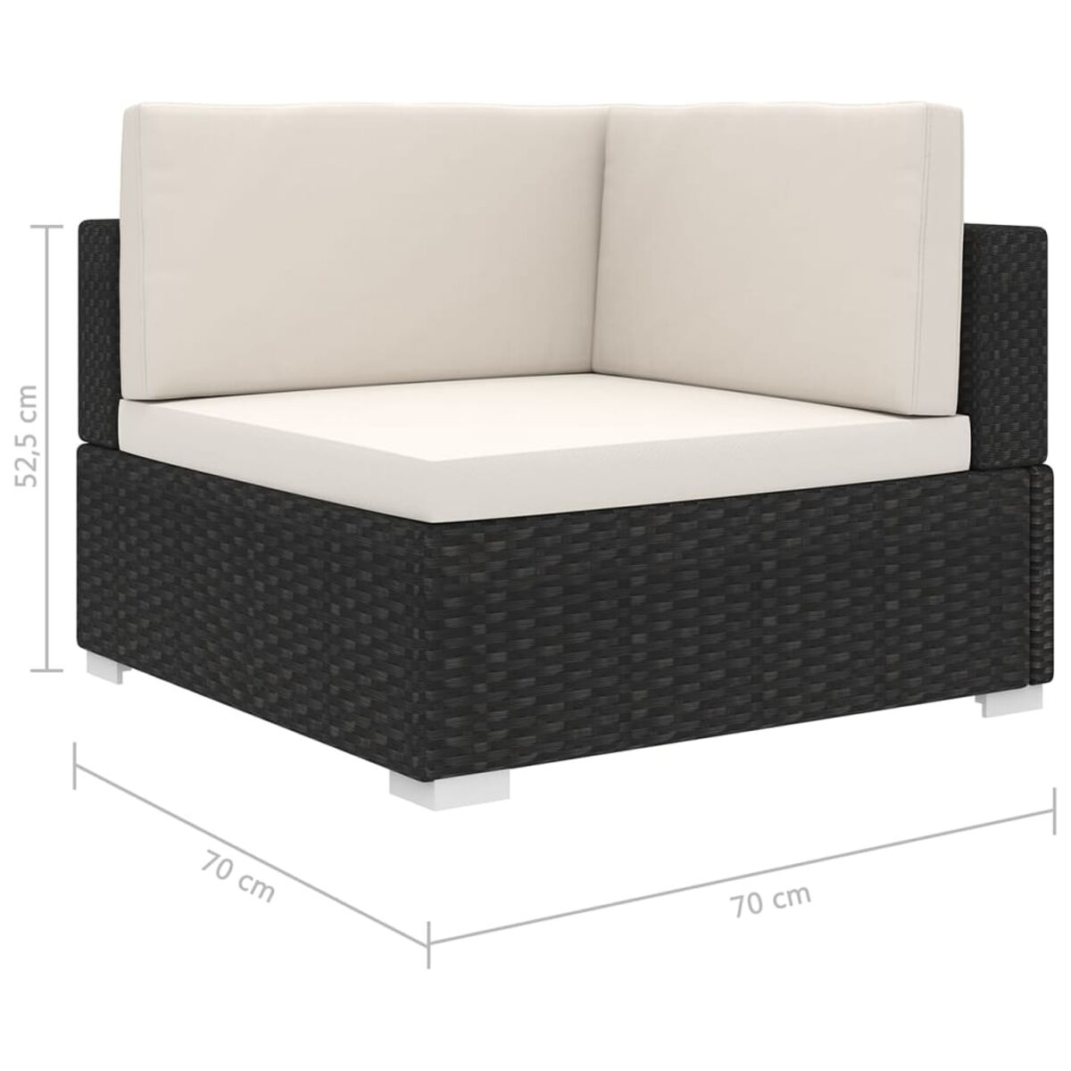 Schwarzer Eckstuhl aus Rattan mit weißen Kissen und Maßen.