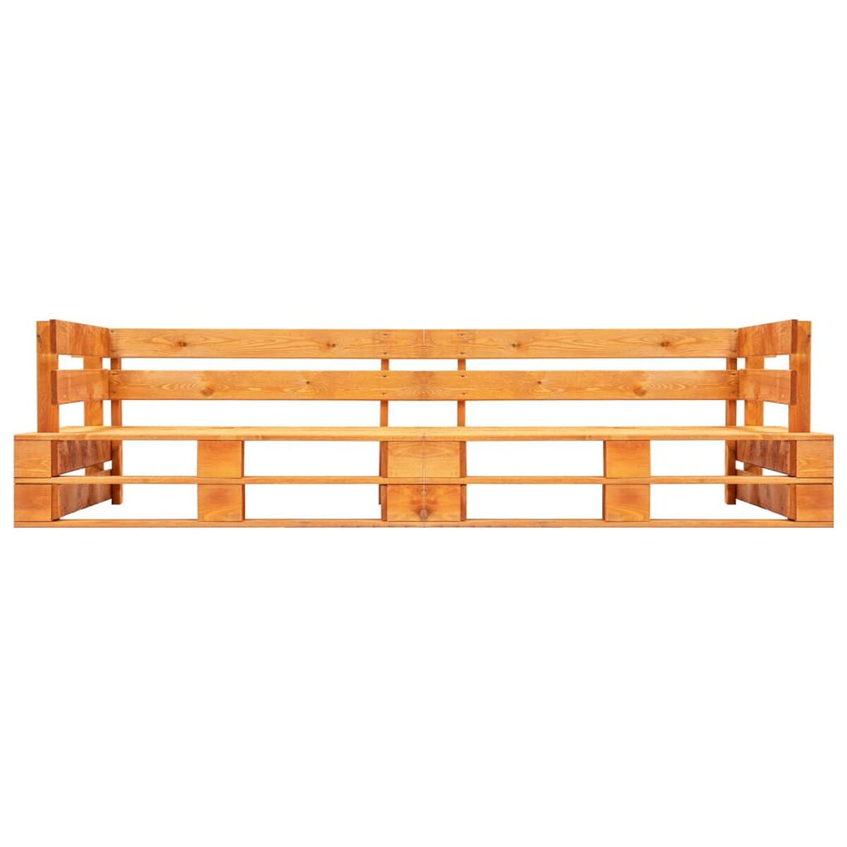 Eine Holzpalettenbank mit Rückenlehne, aus hellbraunem Holz.