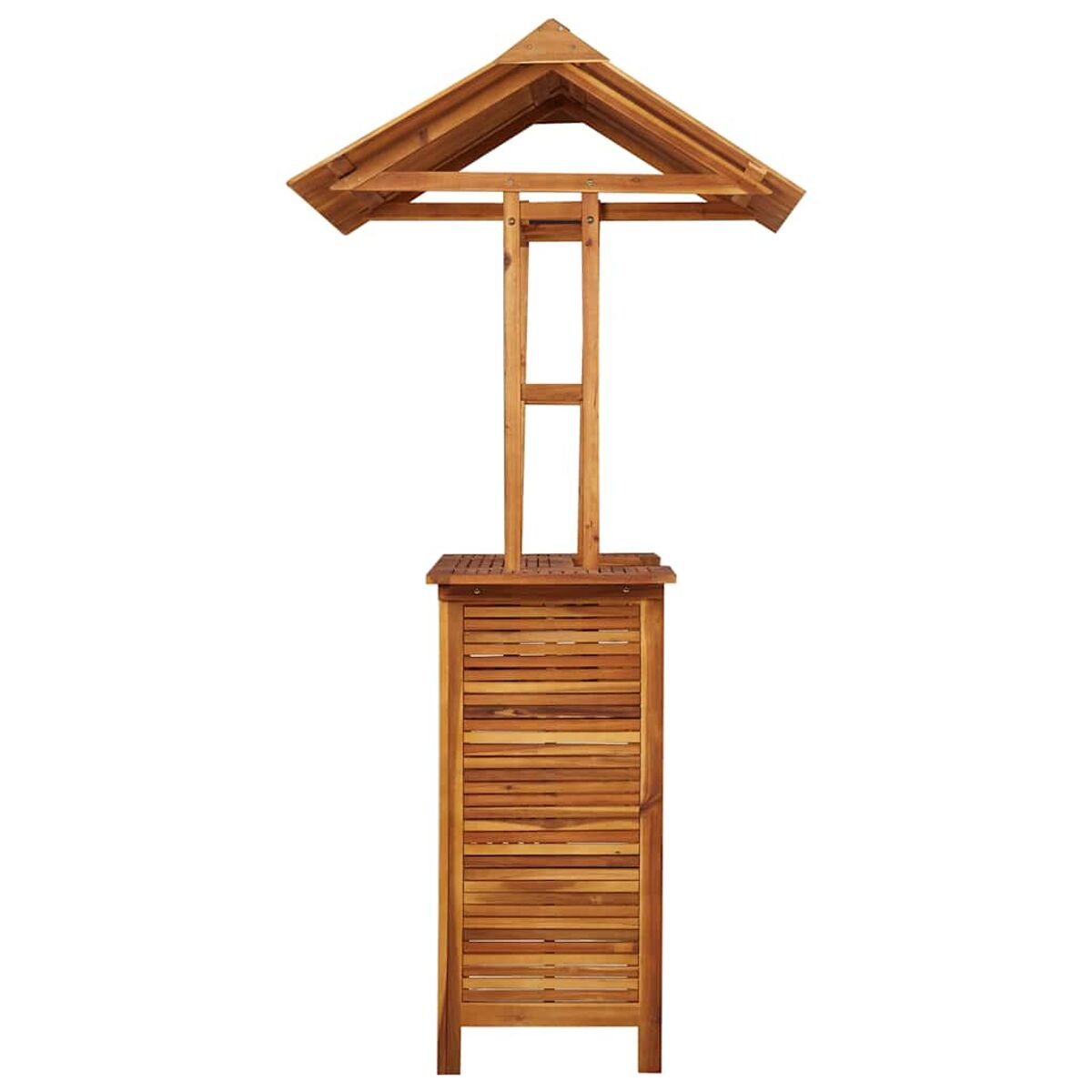 Holz-Außendusche mit Dach, Stauraum und Duschkopf.