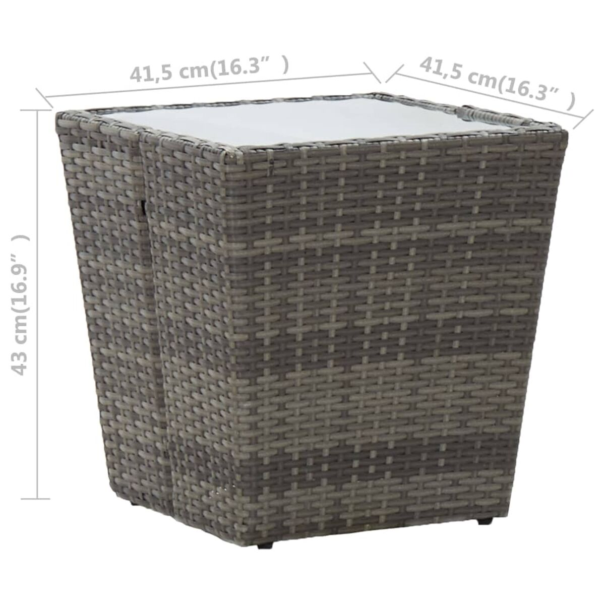 Quadratischer grauer Korbtisch mit angegebenen Abmessungen.