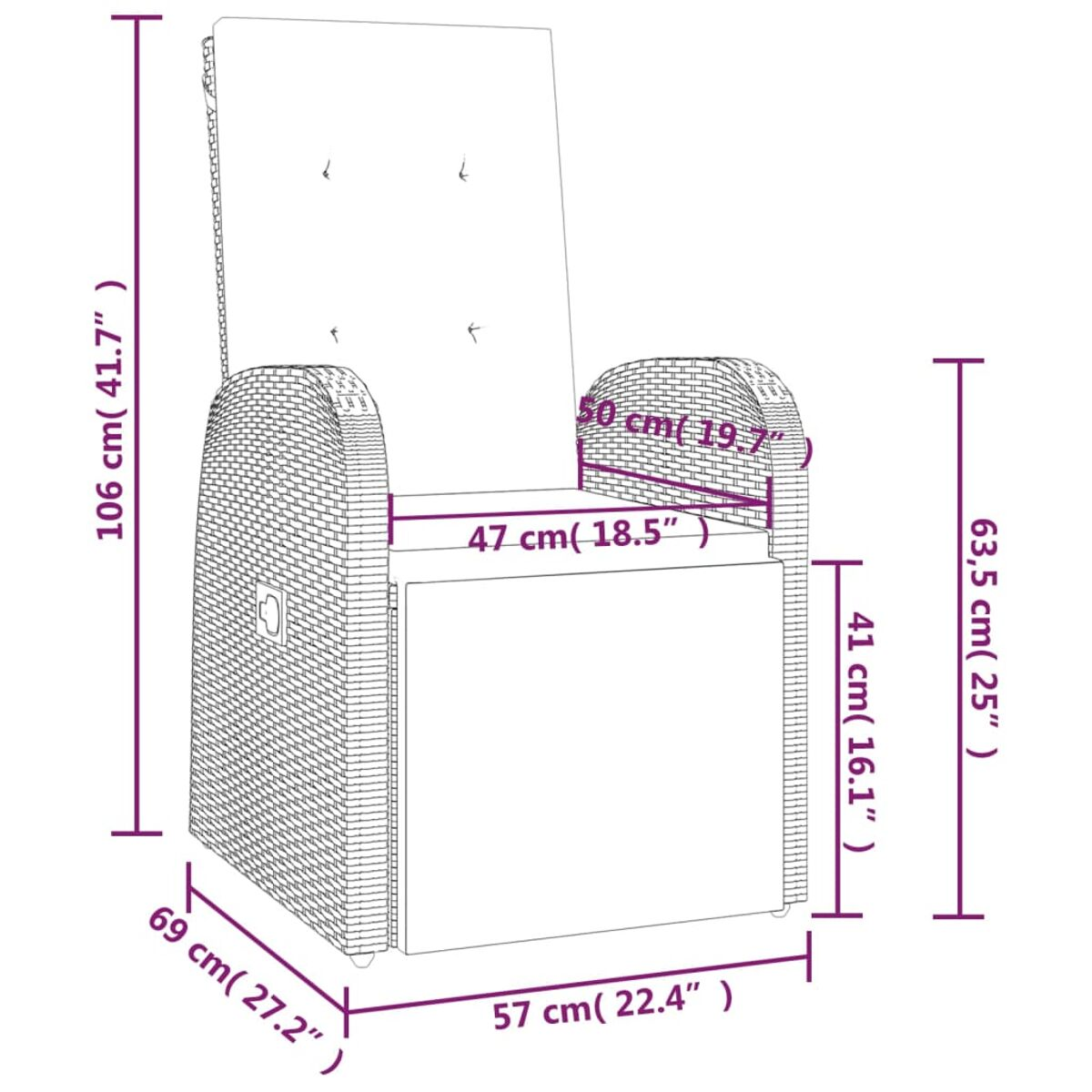 Rattan-Sessel mit Abmessungen. Der Stuhl befindet sich in einer zurückgelehnten Position.