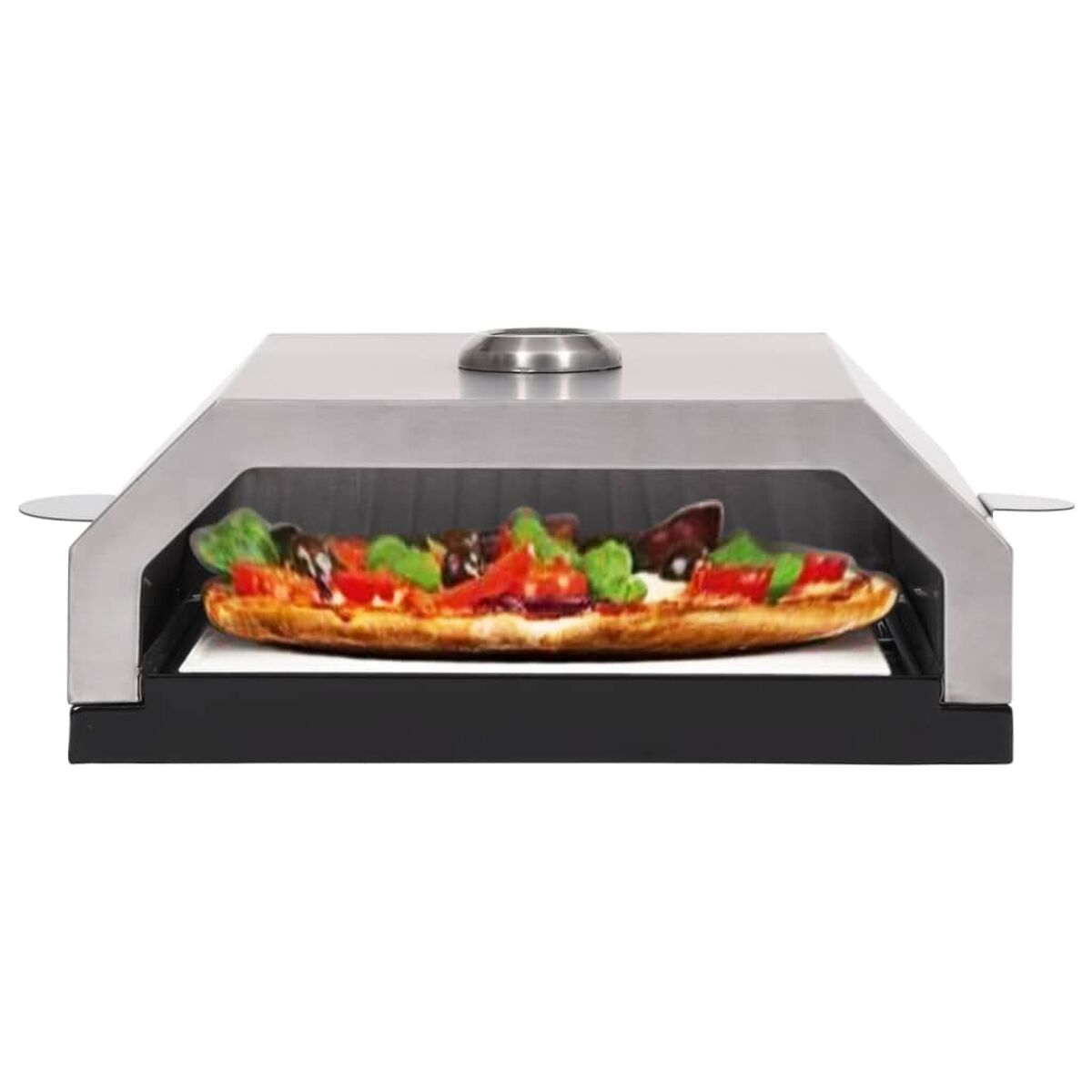 Ein Pizzaofen. Eine Pizza befindet sich im Ofen, mit Tomaten und grünen Blättern belegt.