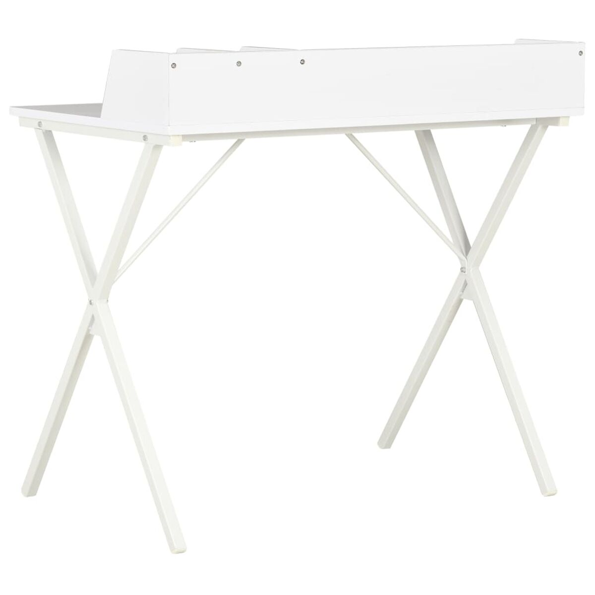 Weißer Schreibtisch mit X-Gestell und kleinem Regal. Der Schreibtisch hat ein leichtes, minimalistisches Design.