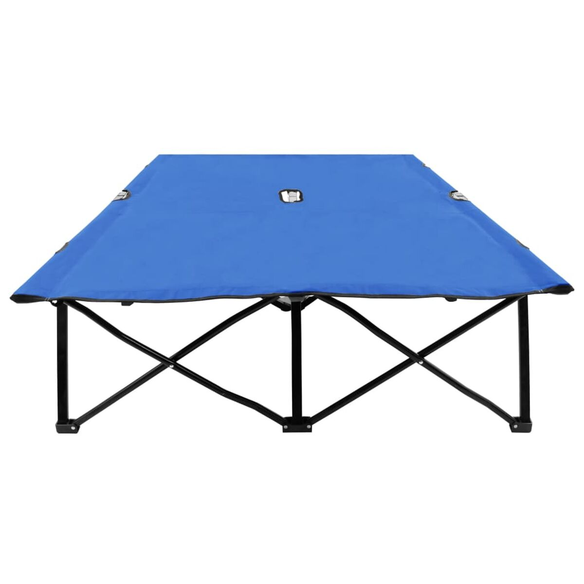 Ein blauer, zusammenklappbarer Camping-Tisch mit schwarzem Rahmen. Er hat eine rechteckige Form.