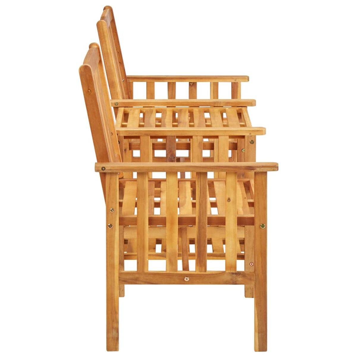 Holzbank mit Armlehnen, Seitenansicht, vor weißem Hintergrund, Design betont.