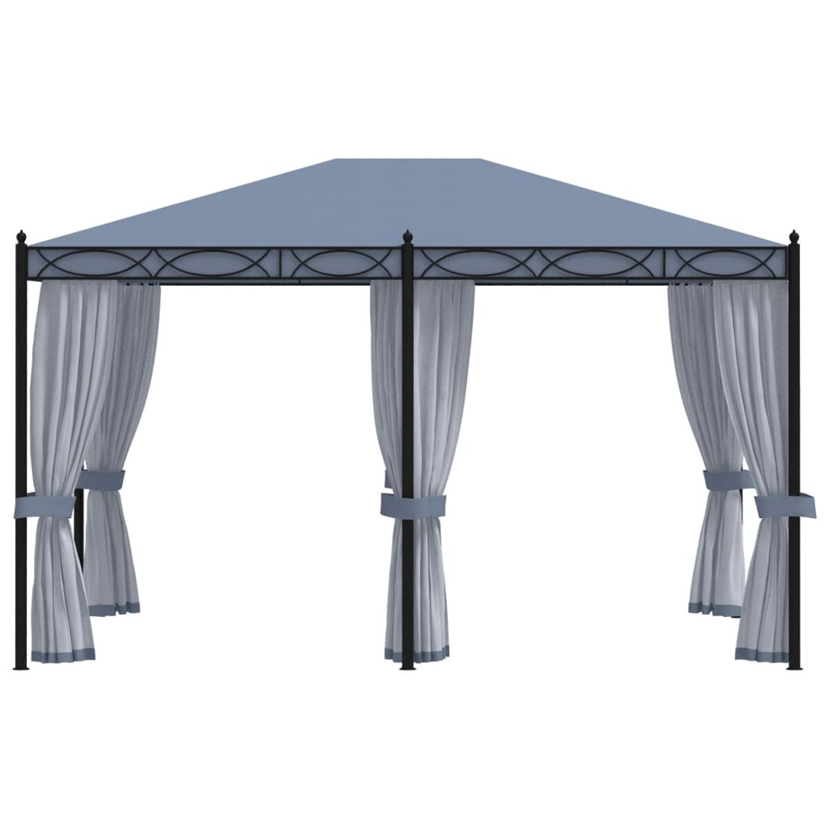 Blauer Pavillon mit Vorhängen. Der Hintergrund ist weiß.