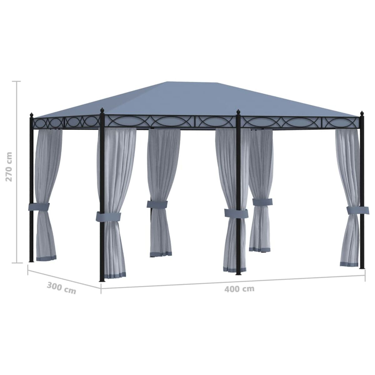 Ein grauer und schwarzer Pavillon mit Vorhängen. Abmessungen von 300x400x270cm. Weißer Hintergrund.