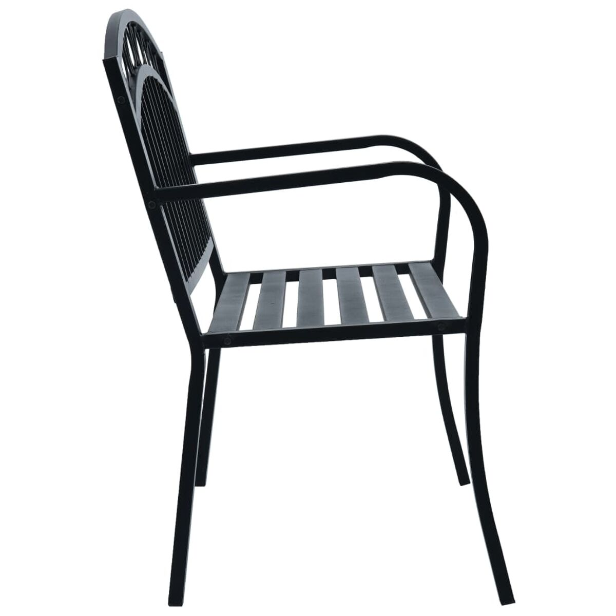 Seitenansicht eines schwarzen Metallstuhls mit gebogener Rückenlehne und Sitzlatten.