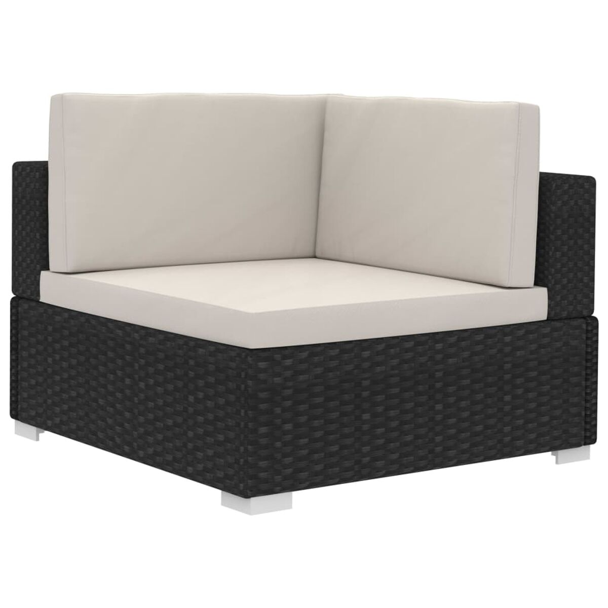 Ein schwarzes Ecksofa mit weißen Füßen und beigen Kissen.