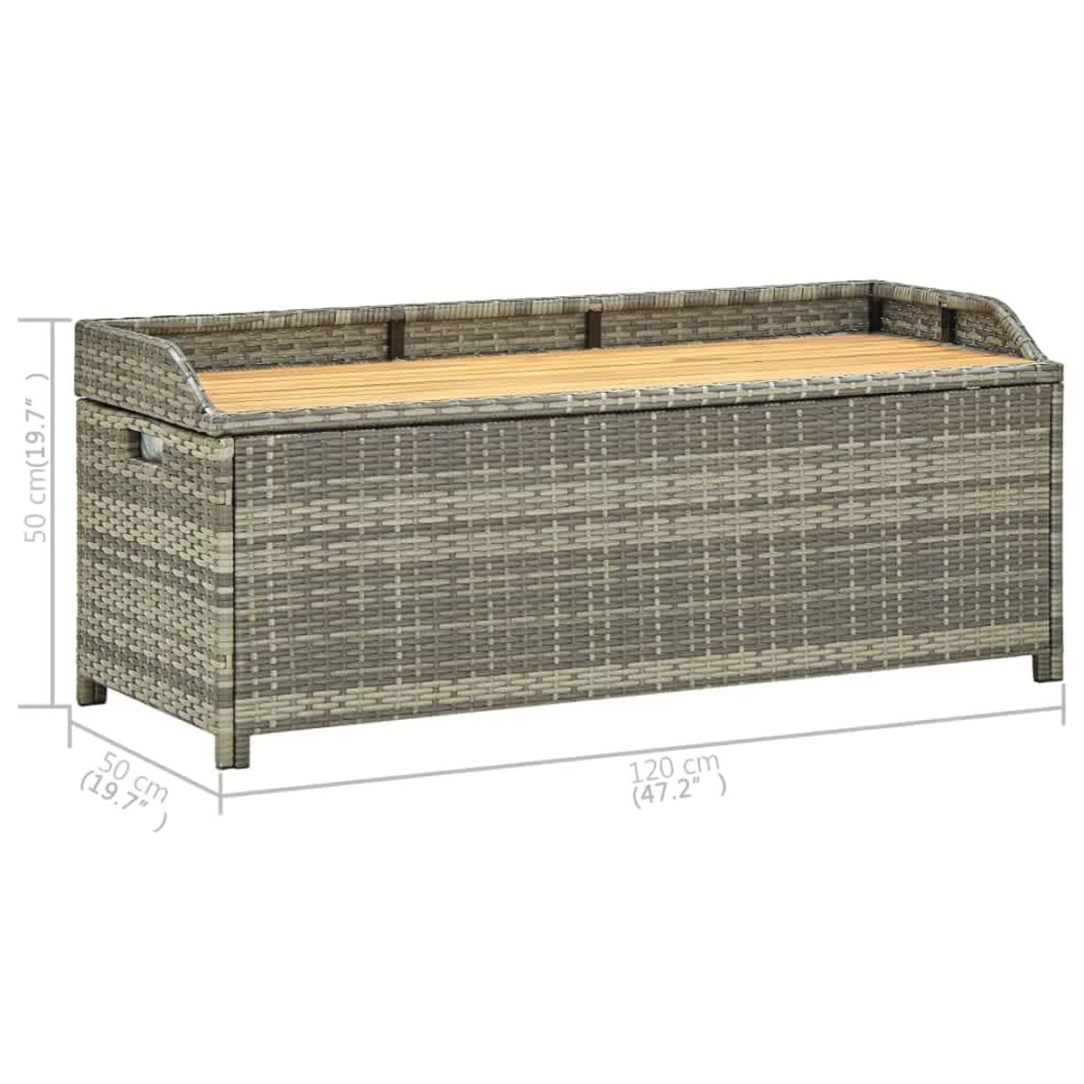 Graue Rattan-Aufbewahrungsbank mit Holzplatte. Abmessungen 120x50x50 cm.