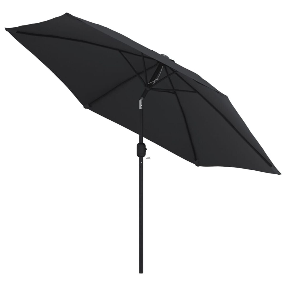 Schwarzer Regenschirm, offen, abgewinkelt. Schwarzer Pfosten. Weißer Hintergrund.