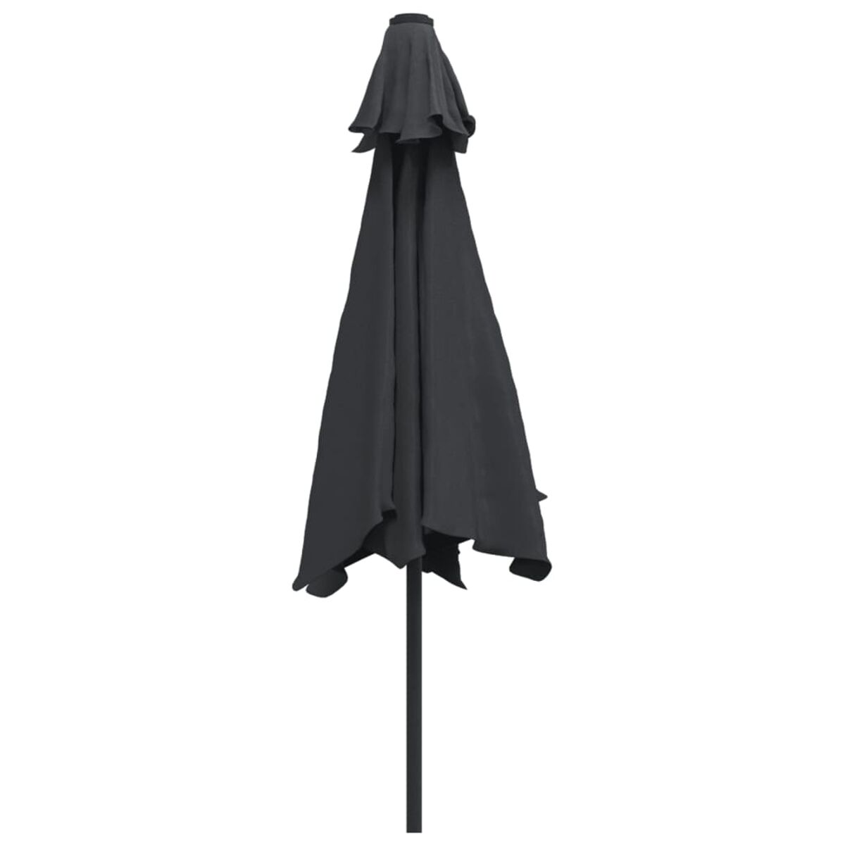 Schwarzer geschlossener Regenschirm mit schwarzem Pfosten. Weißer Hintergrund, einfaches Design.