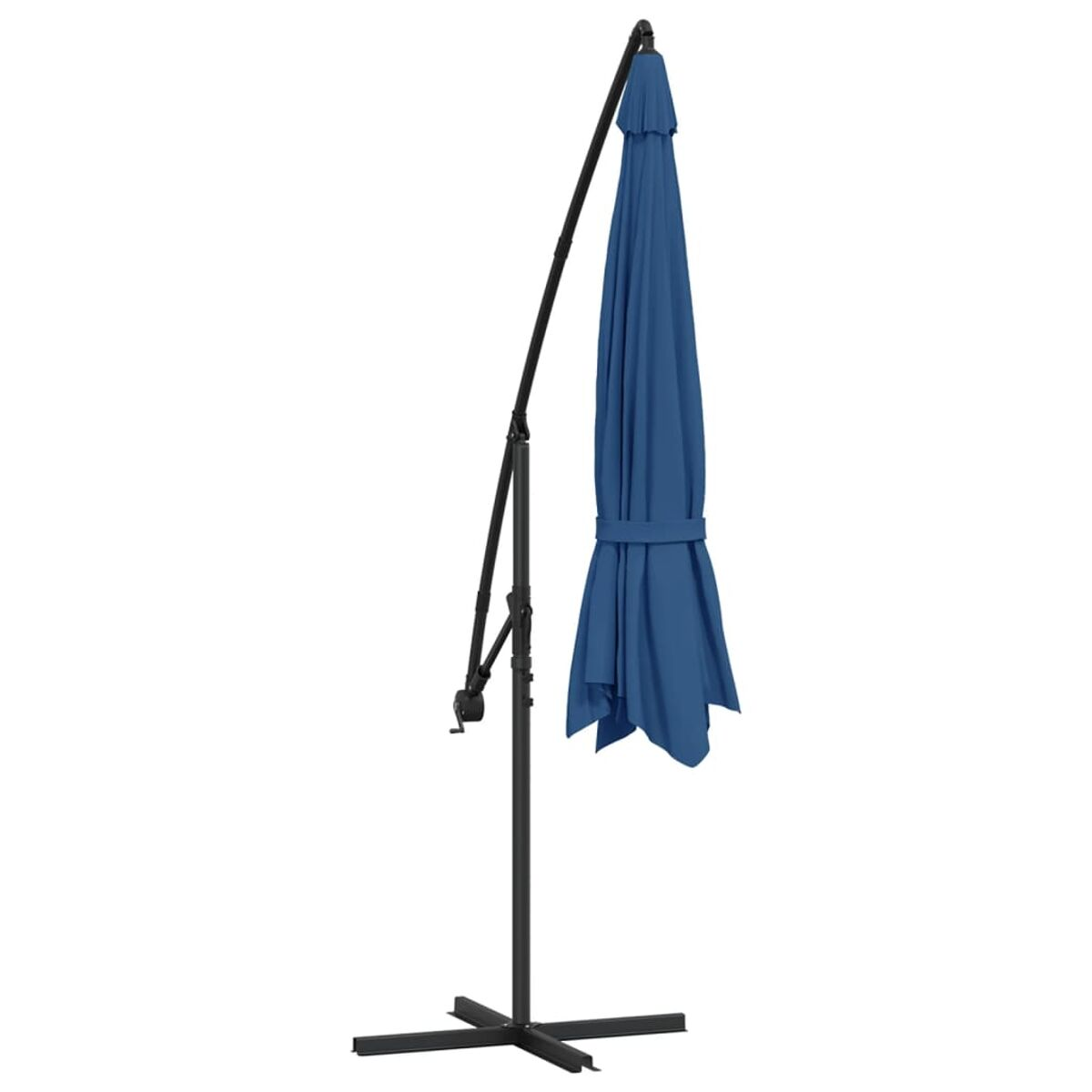 Blauer Sonnenschirm, teilweise geöffnet, auf schwarzem Sockel.