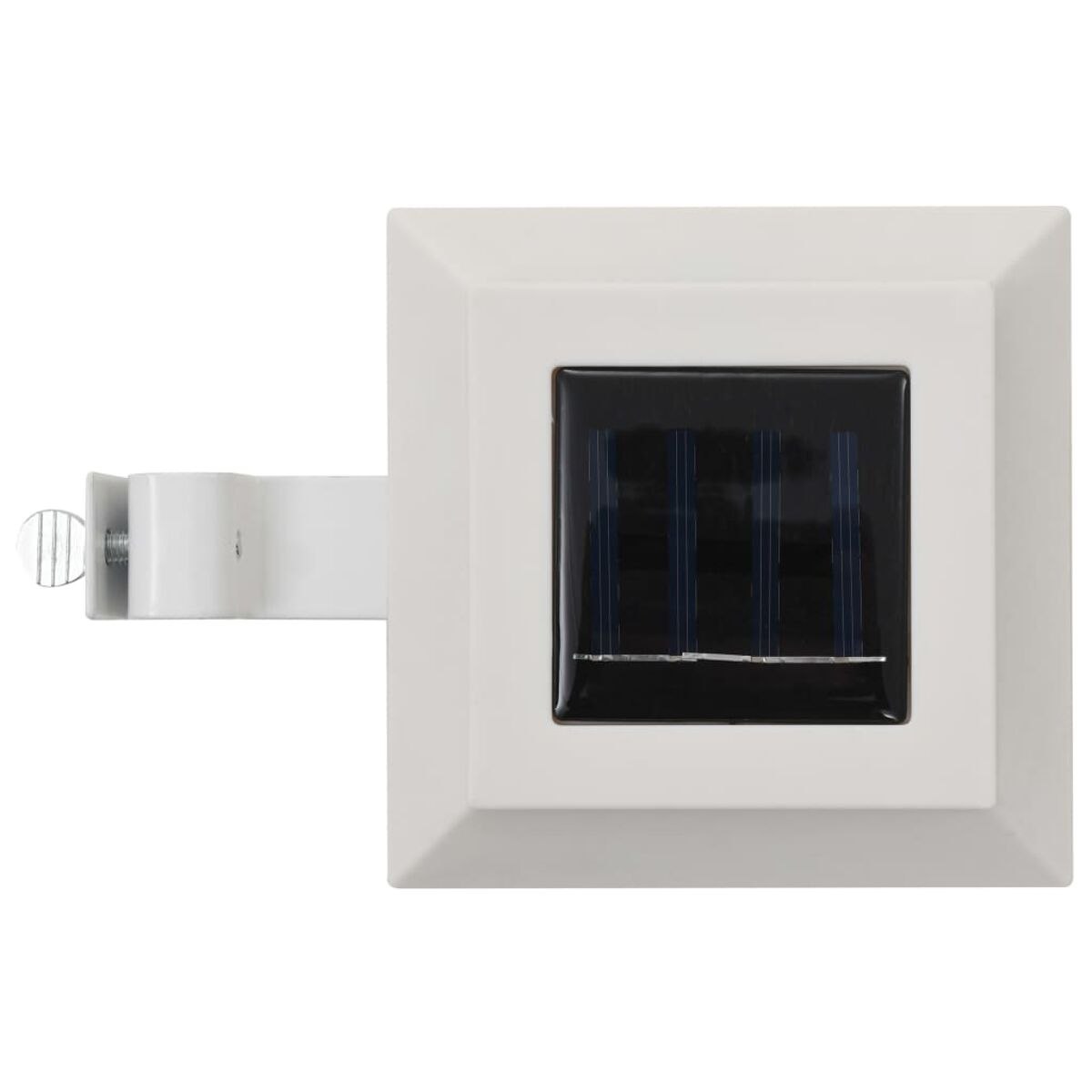 Weiße Solarleuchte. Sie hat einen weißen Rahmen und ein schwarzes Solarpanel.