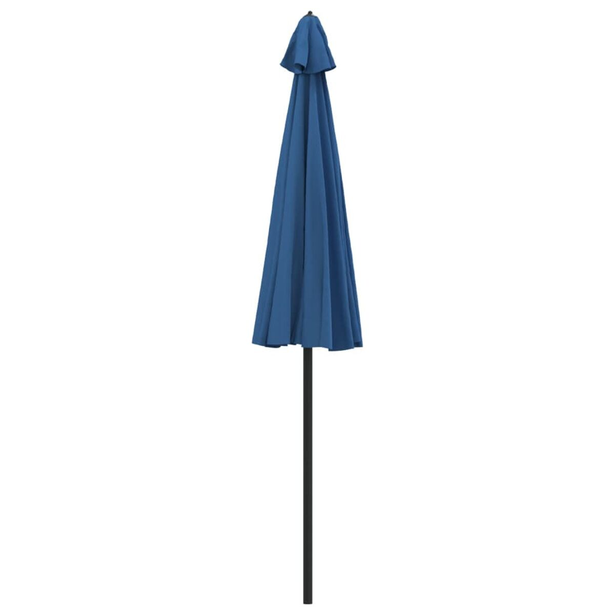 Blauer, geschlossener Regenschirm. Der Schirm steht auf einem schwarzen Stab. Isoliert auf Weiß.