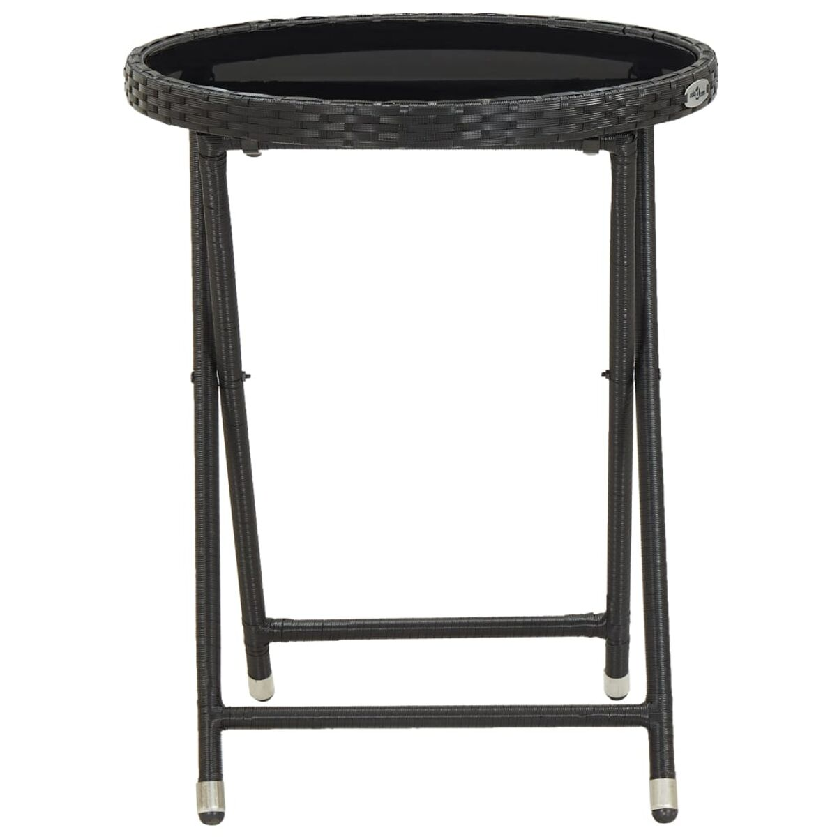 Runder schwarzer Tisch. Weidenoberfläche, schwarzer Rahmen, Klappbeine und weißer Hintergrund.