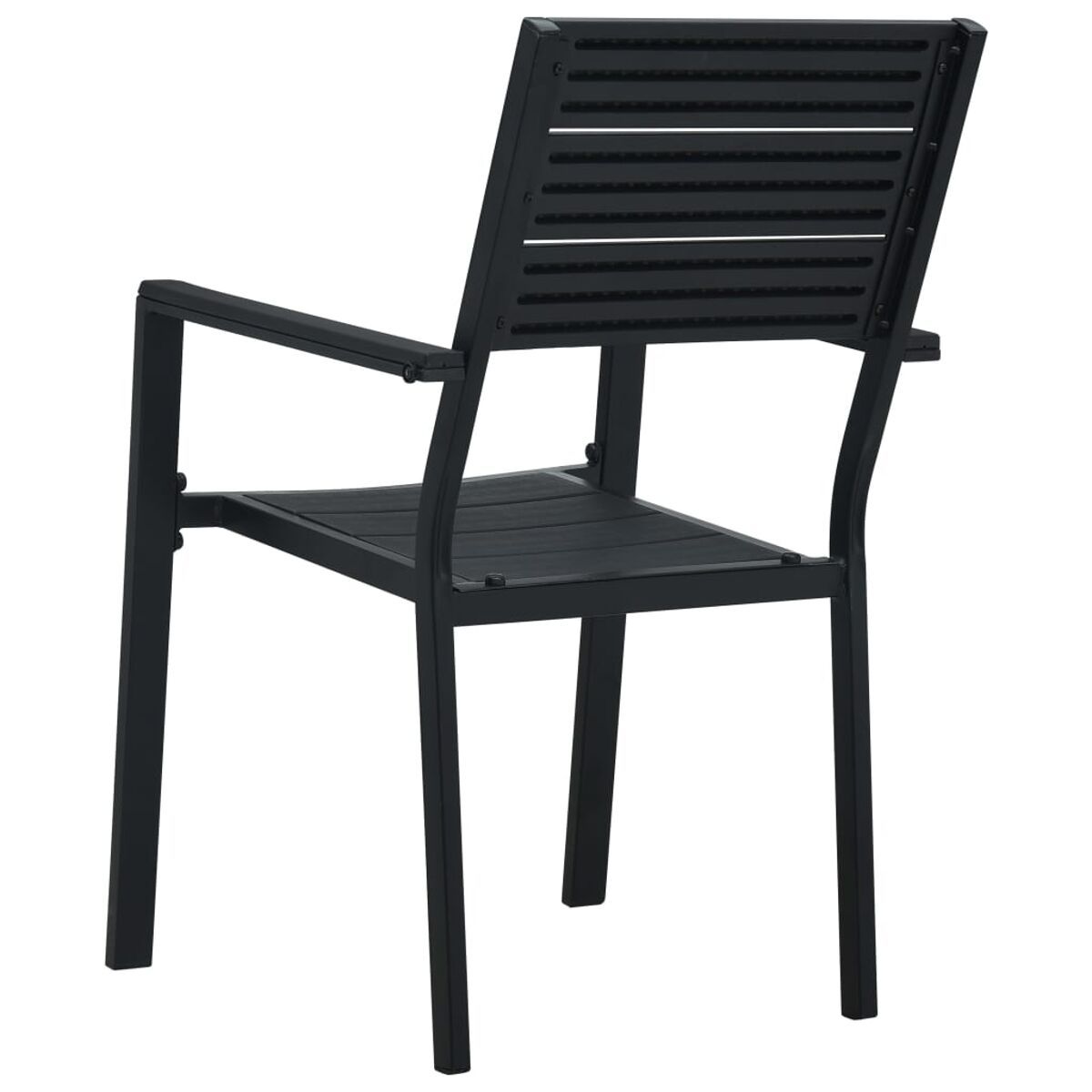Schwarzer Outdoor-Stuhl von hinten. Er hat eine Lamellenlehne und Armlehnen.