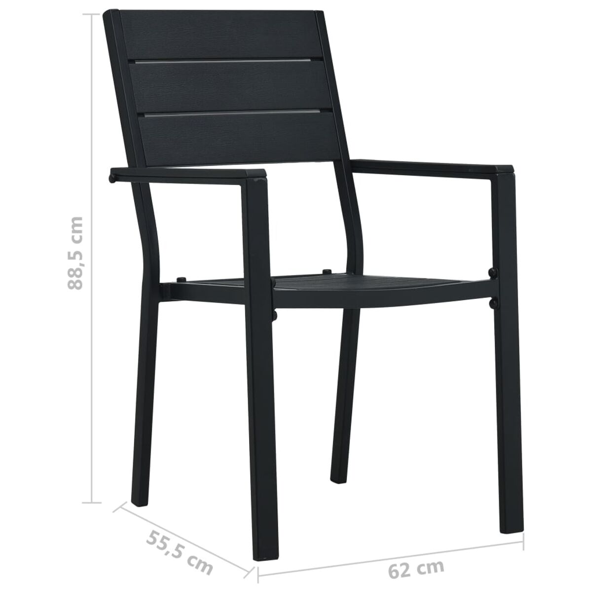 Schwarzer Outdoor-Stuhl mit Abmessungen. Lattenrost Rücken und Sitz.
