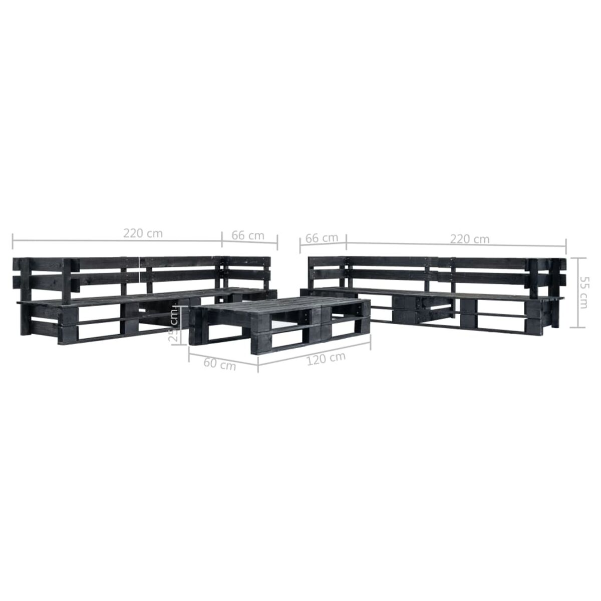 Schwarzes Holzpaletten-Sofaset mit Maßen.