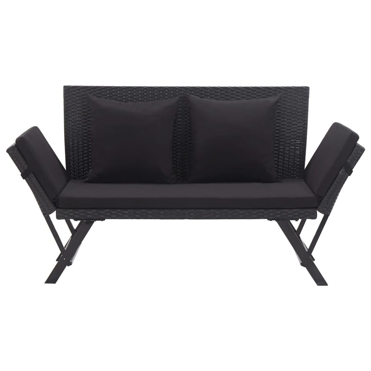Schwarzes Outdoor-Sofa mit zwei Kissen. Weißer Hintergrund. Die Rückenlehnen sind ausklappbar.