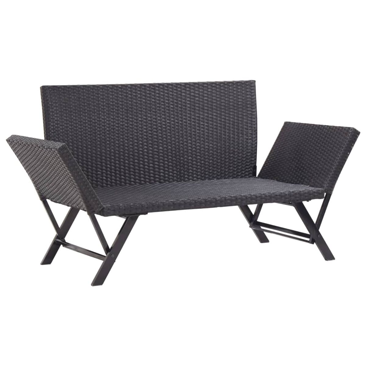 Schwarze Outdoor-Bank aus Korbgeflecht mit klappbaren Armlehnen. Dunkles Gestell und gewebter Sitz.