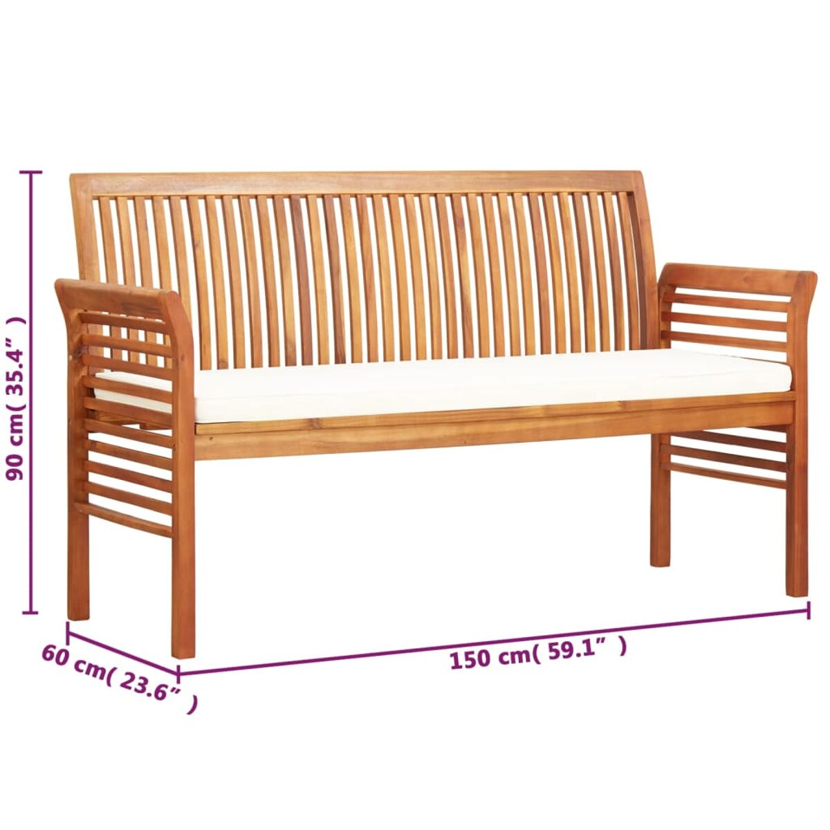 Eine Holzbank mit weißem Kissen. Abmessungen: 150 cm lang, 90 cm hoch und 60 cm tief.