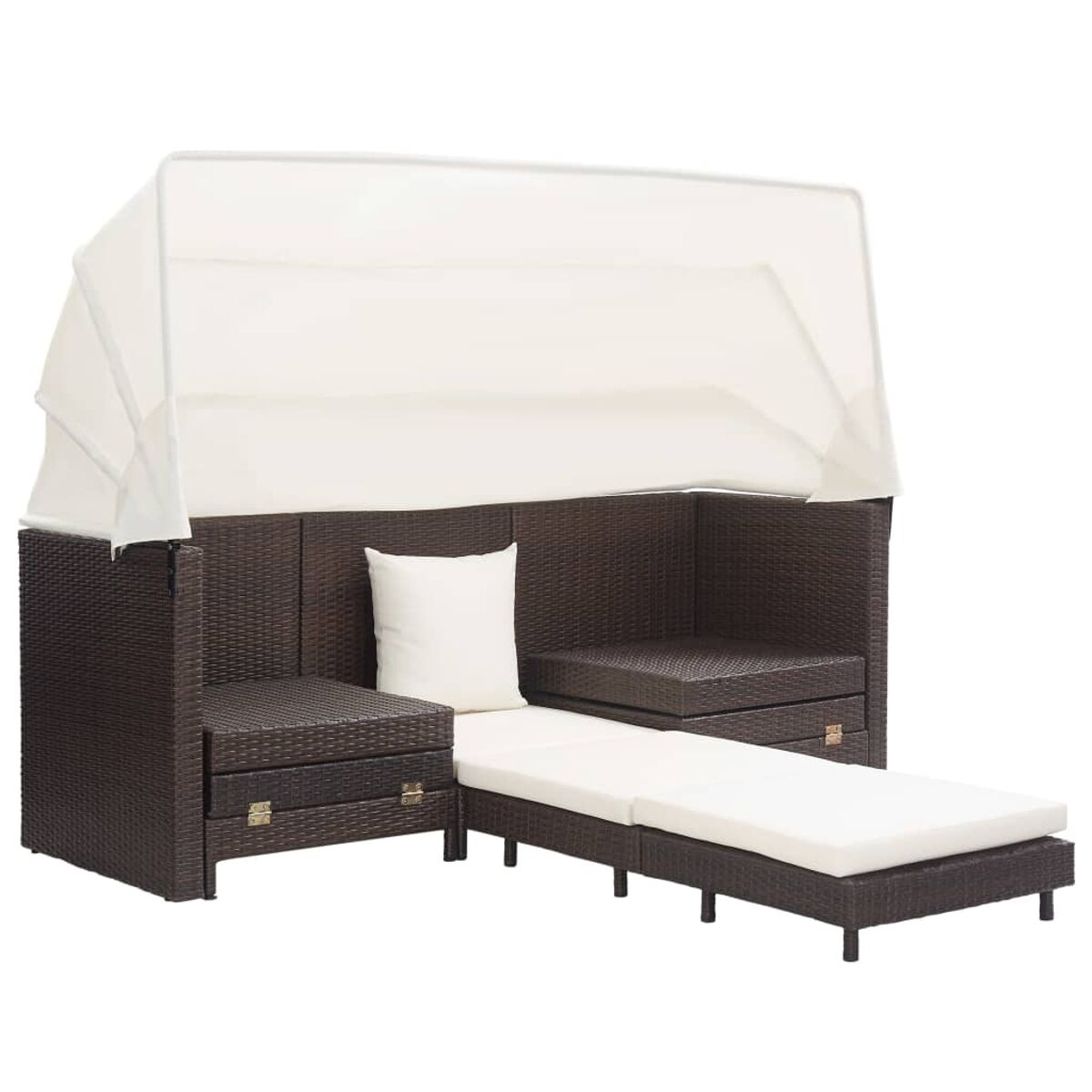Braunes Rattan-Outdoor-Sofaset mit weißen Kissen und Baldachin.