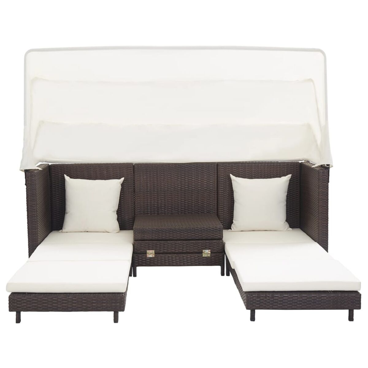 Ein Outdoor-Sofaset mit Baldachin, zwei weißen Kissen und einem Mitteltisch.