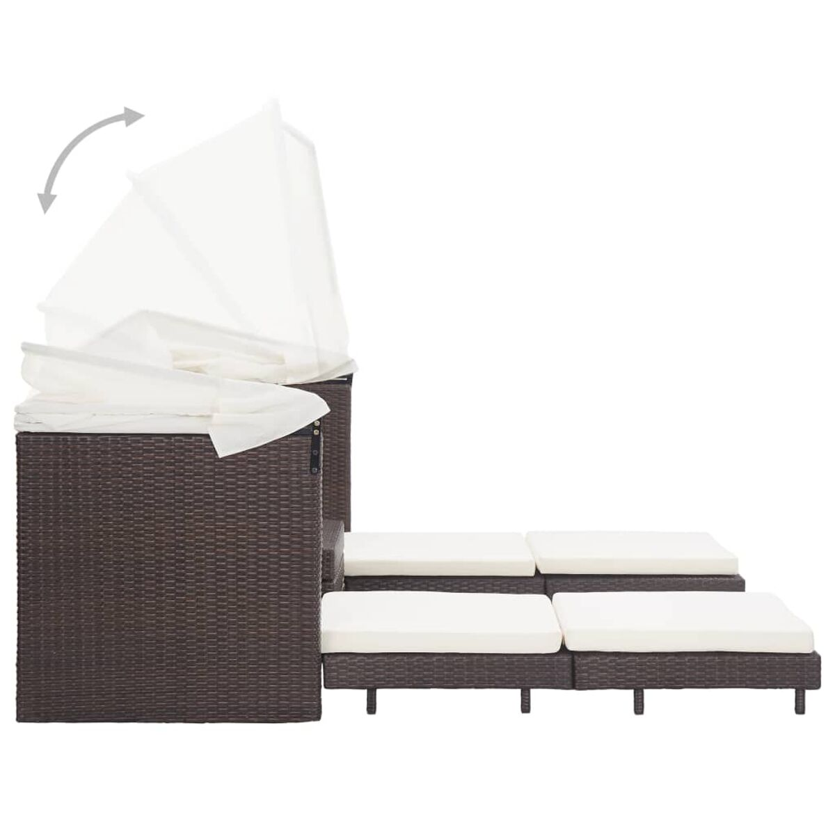 Dunkelbraunes Terrassenmöbel-Set mit sich öffnendem Baldachin. Weißer Hintergrund.