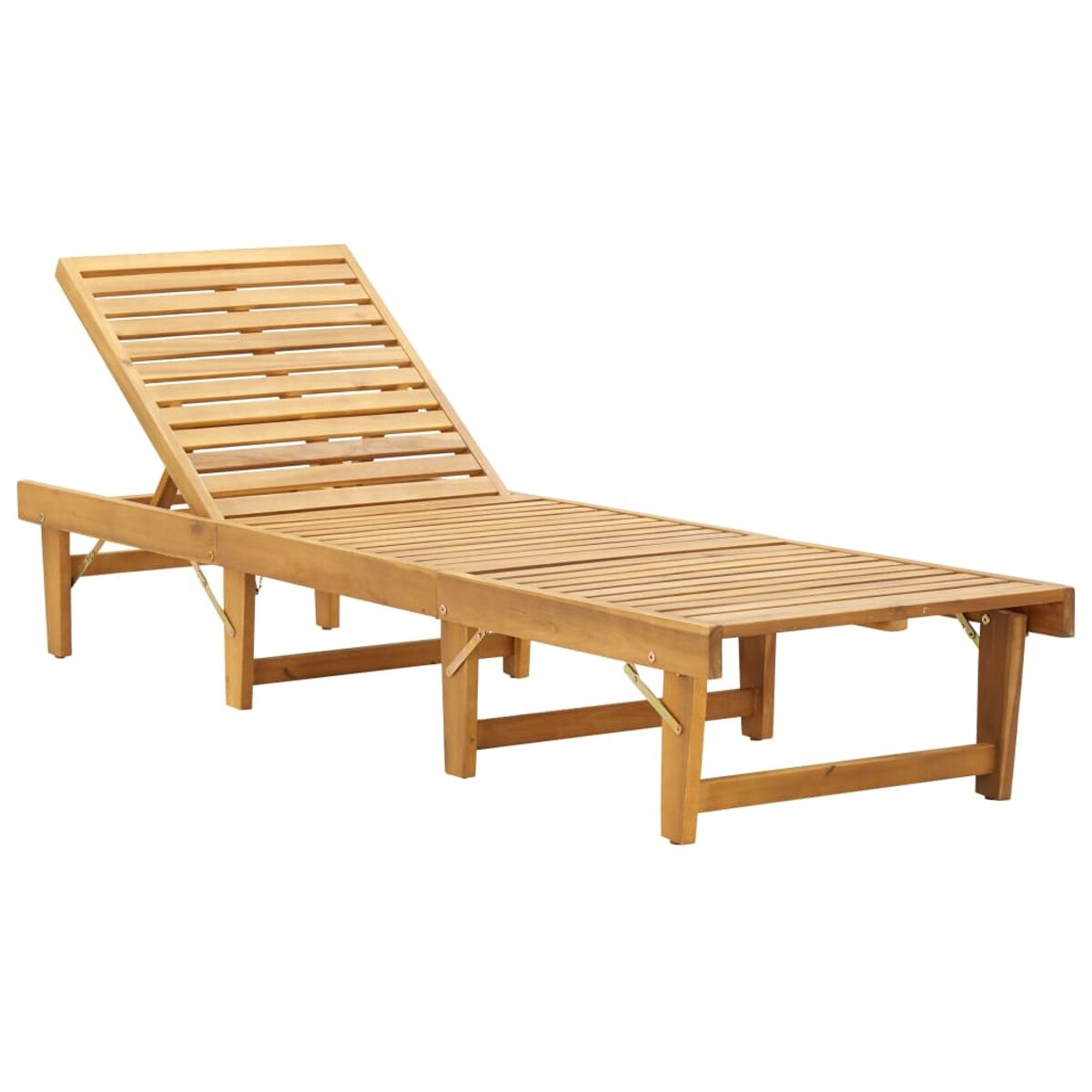 Liegestuhl aus Holz für den Außenbereich. Helles, braunes Holz mit horizontalen Lamellen. Verstellbare Rückenlehne.
