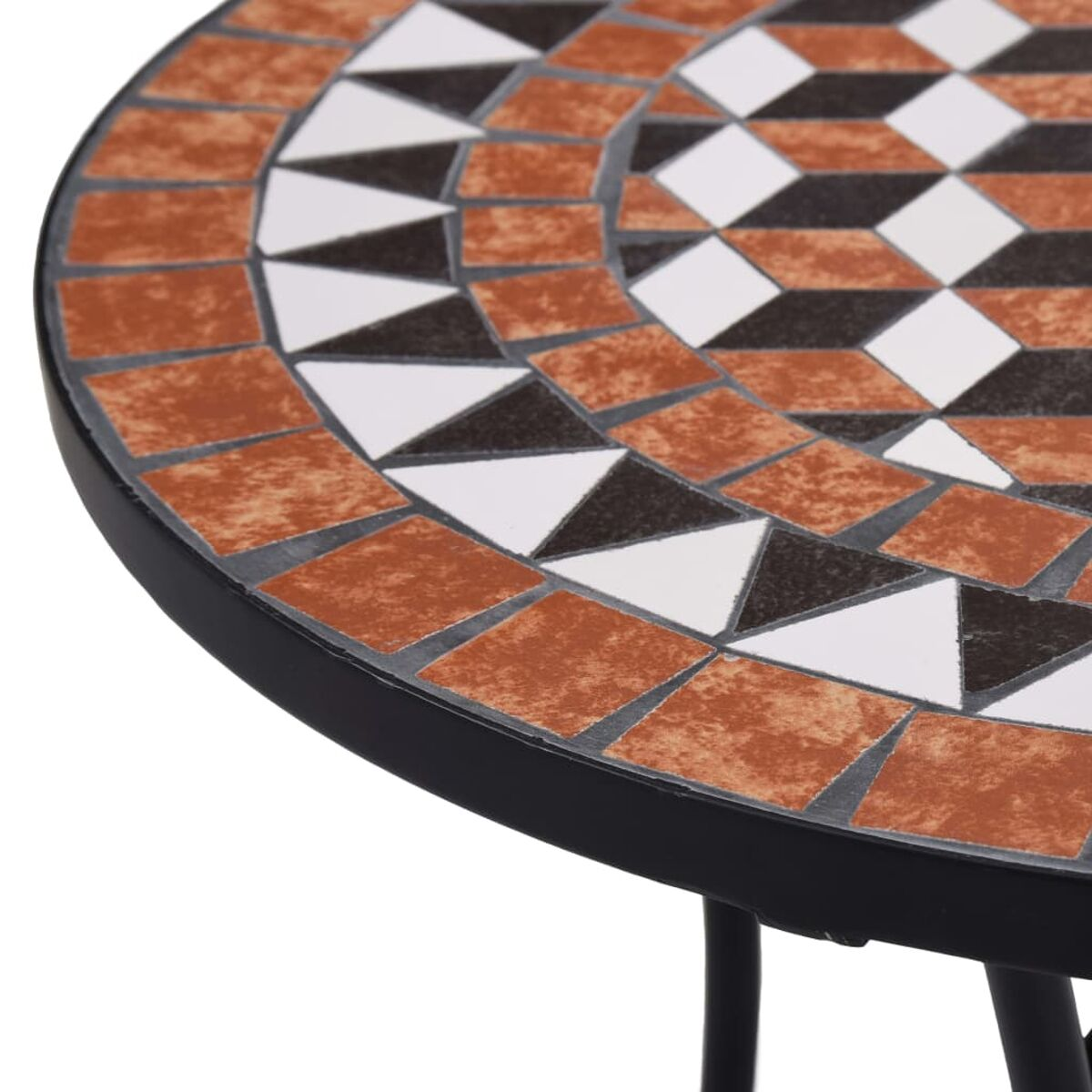 Eine Nahaufnahme einer runden Mosaiktischplatte mit schwarzem Rand und schwarzen Beinen.