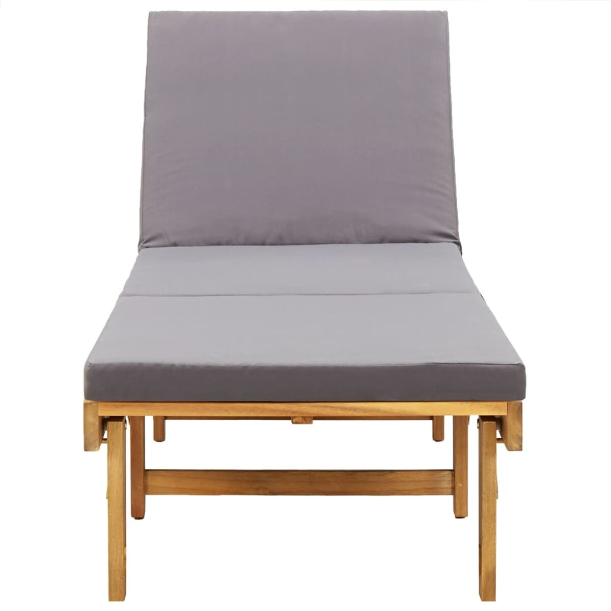 Eine graue Chaiselongue mit Holzbeinen, von vorne gesehen.