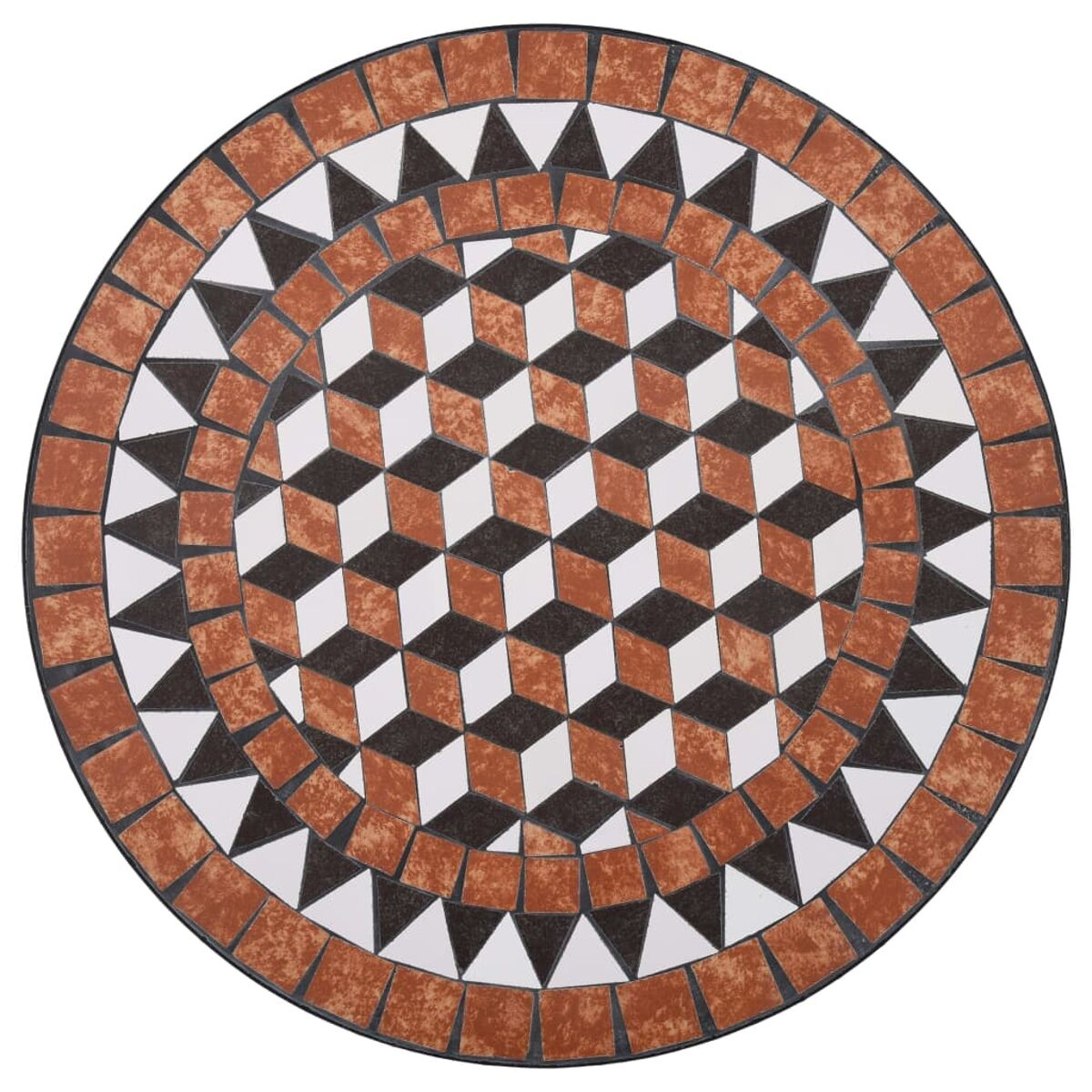 Ein runder Mosaiktisch mit geometrischem Muster in Braun, Weiß und Schwarz.