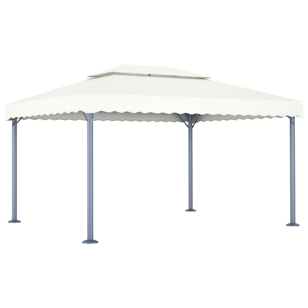 Weißer Pavillon mit zweistufigem Dach, getragen von silbernen Stangen, auf weißem Hintergrund.
