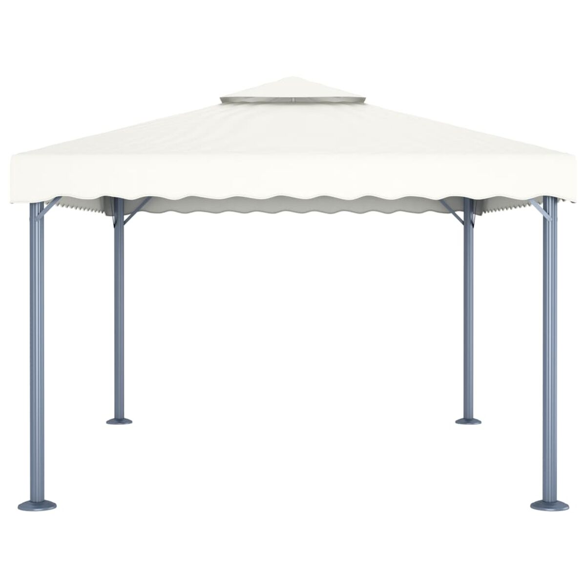 Ein weißer Pavillon mit gewelltem Rand, getragen von grauen Metallstangen auf weißem Hintergrund.