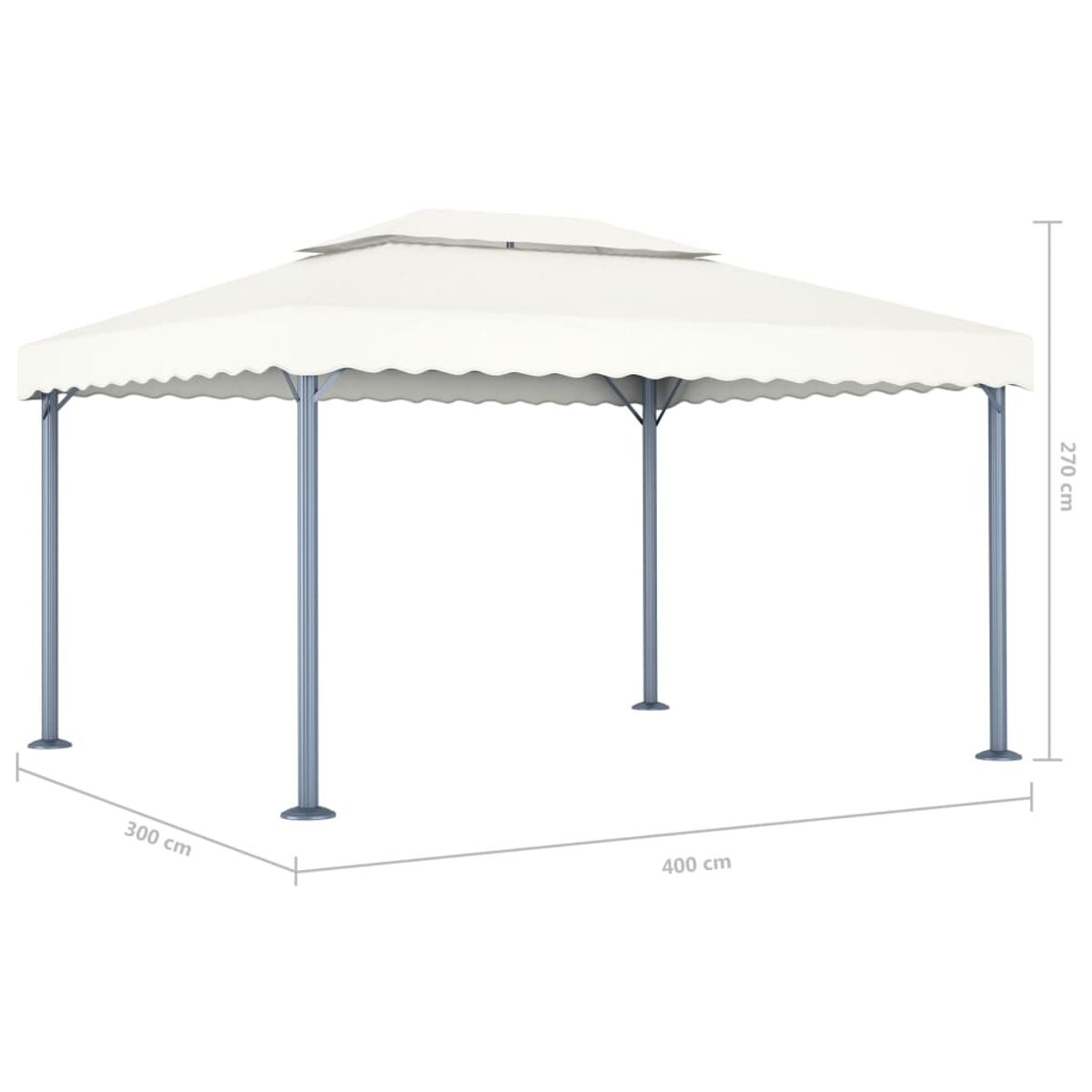 Weißer Pavillon mit zweistufigem Dach, getragen von silbernen Säulen. Abmessungen sind angegeben.