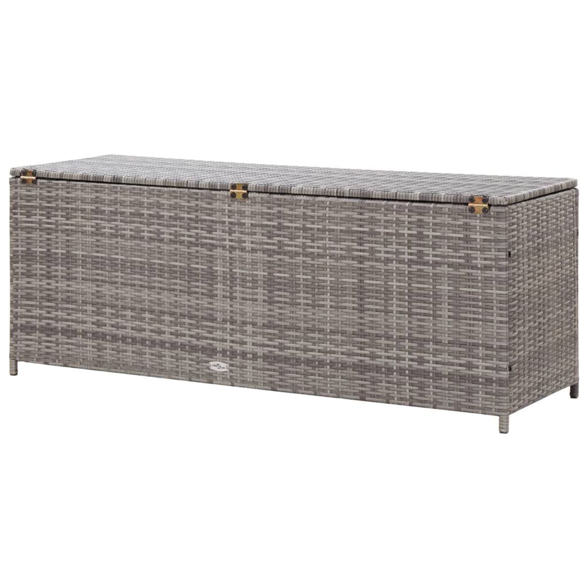 Eine graue Aufbewahrungsbox im Rattan-Stil mit Deckel. Sie ist rechteckig und auf weißem Grund.