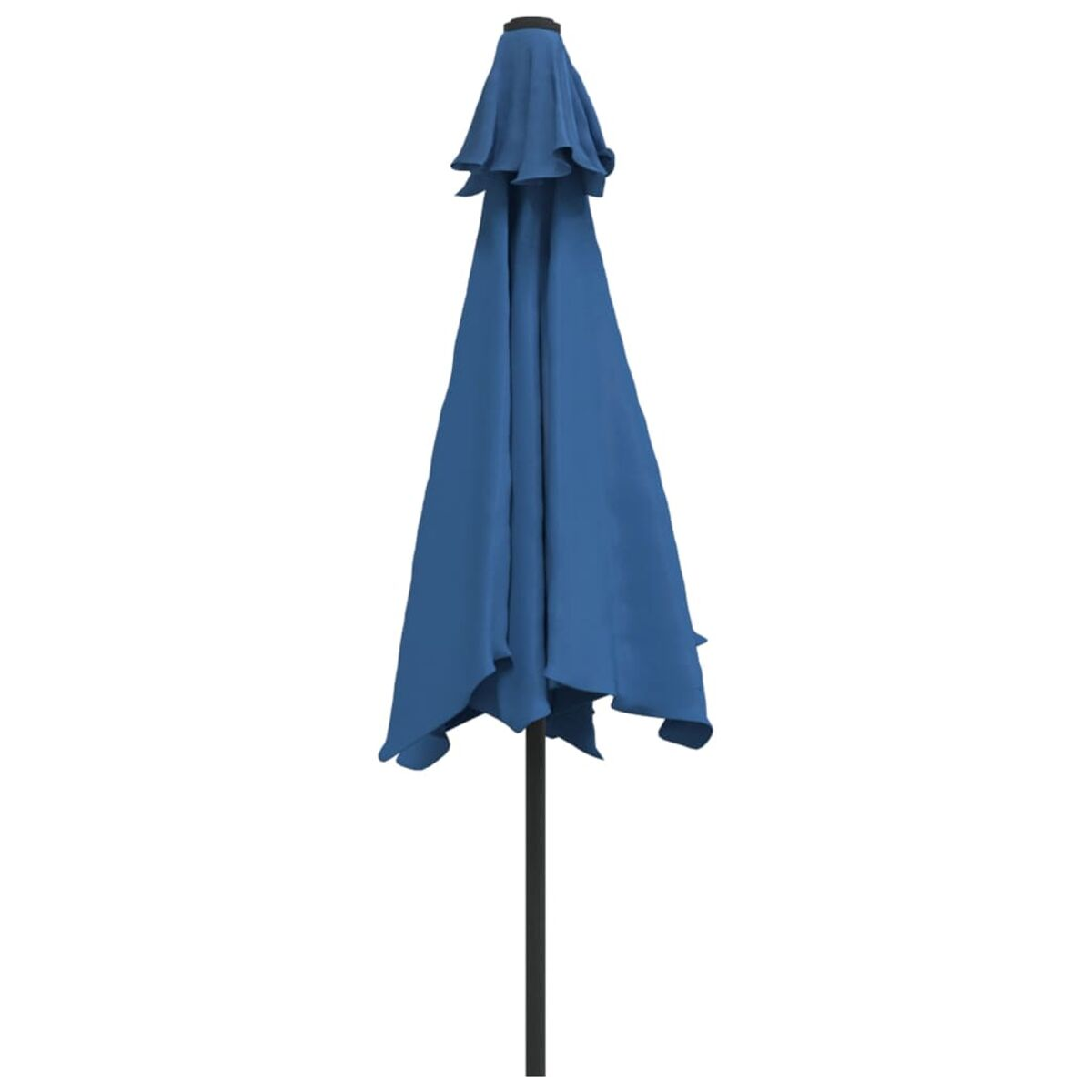 Blauer Sonnenschirm. Schwarzer Pfosten. Weißer Hintergrund.