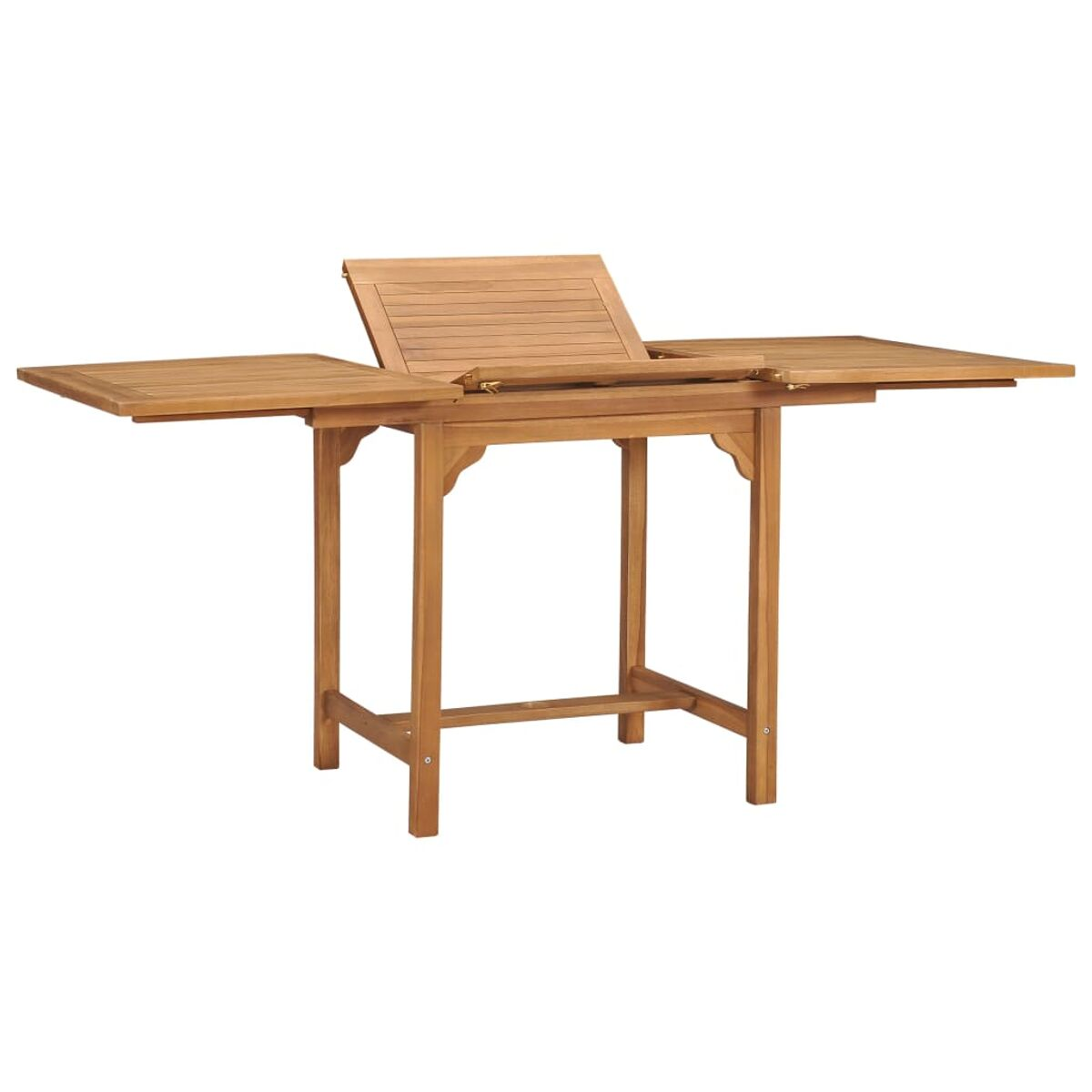 Holztisch mit zwei ausgeklappten Klappblättern. Hellbraune Farbe. Weißer Hintergrund.