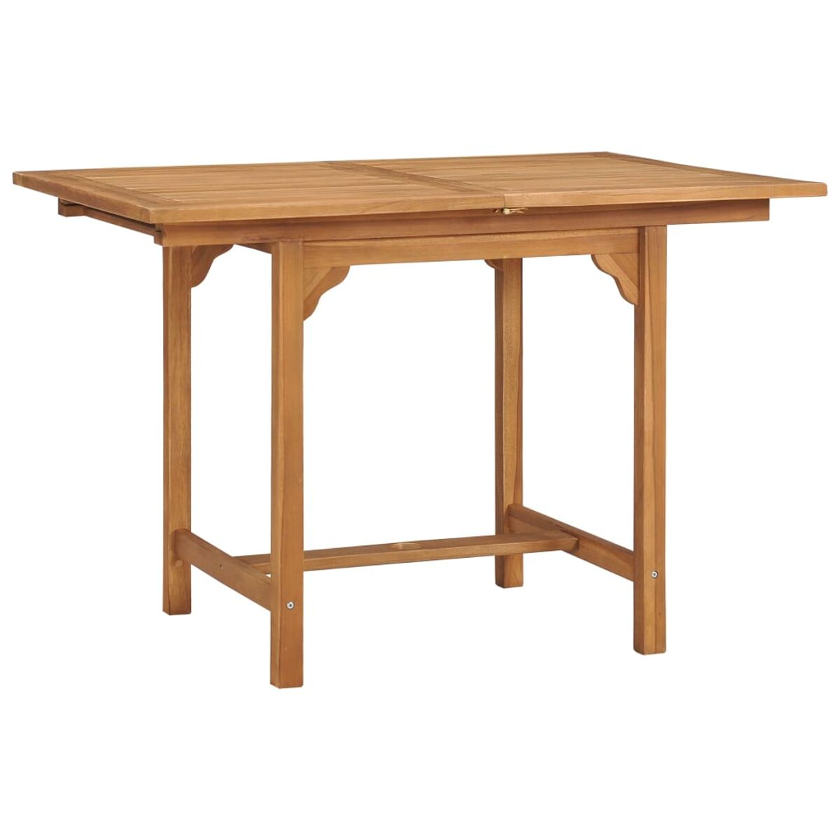 Ein Holztisch mit rechteckiger Tischplatte. Er hat vier Beine und eine untere Stützstange. Der Hintergrund ist weiß.