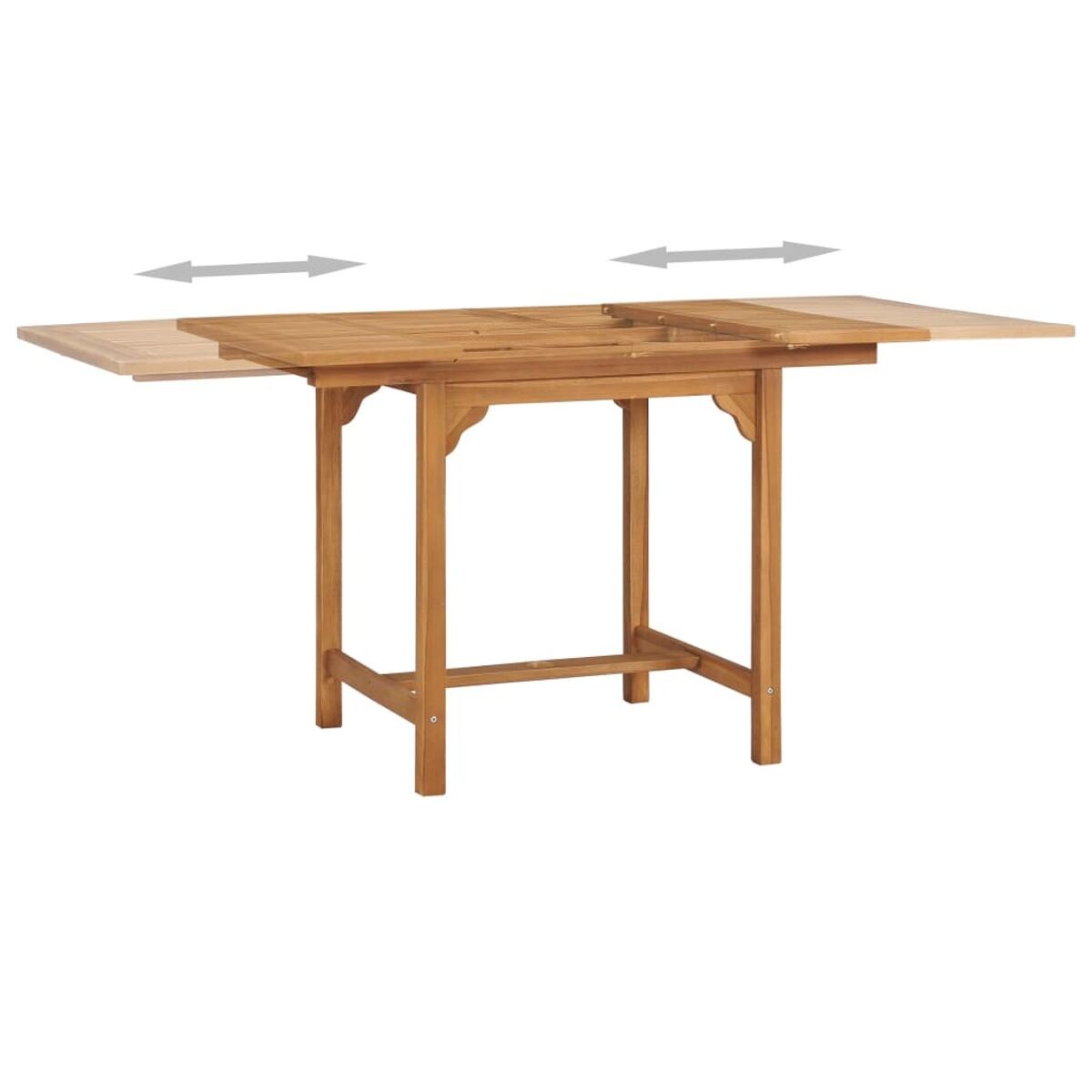 Ausziehbarer Holztisch. Pfeile zeigen die Erweiterung an. Der Tisch besteht aus Holz und hat eine hellbraune Farbe.