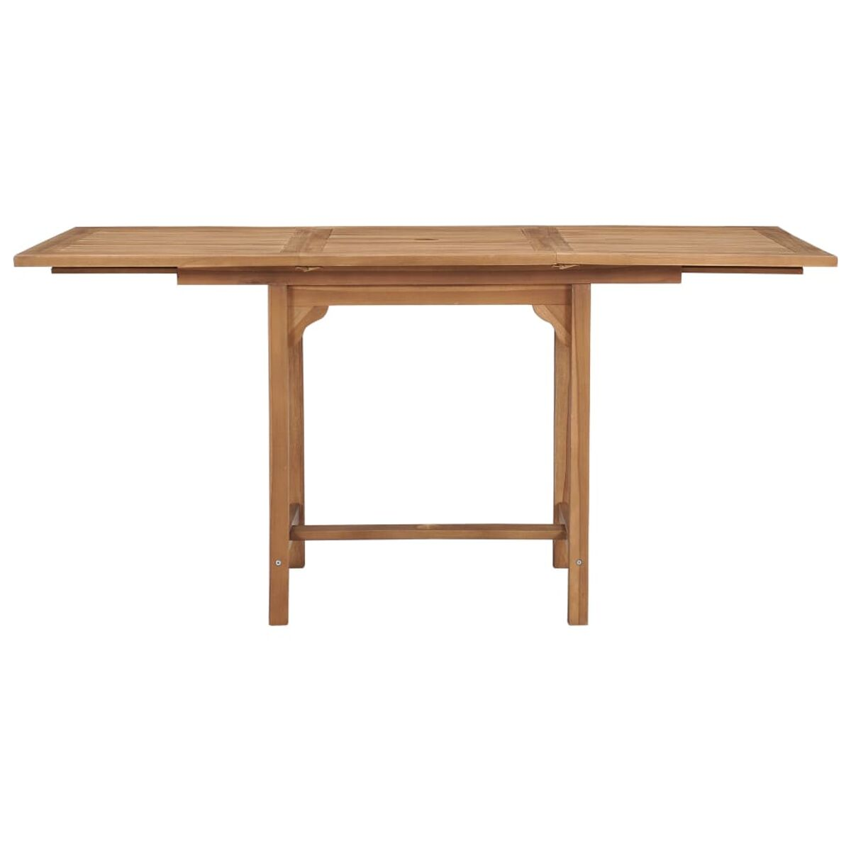 Holztisch mit ausziehbaren Klappen. Braune Farbe. Rechteckige Form mit quadratischem Fuß.