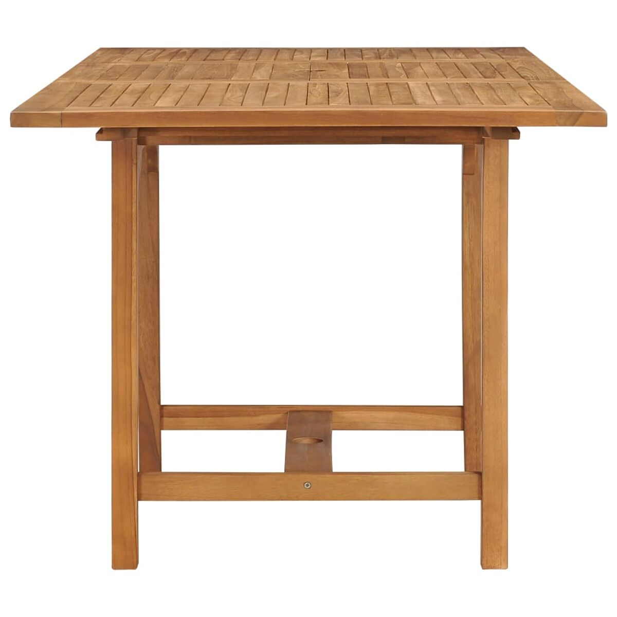 Ein Holztisch für den Außenbereich mit quadratischer Oberseite und vier Beinen. Es hat eine Lamellenplatte.