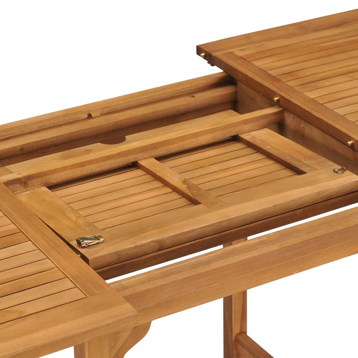 Nahaufnahme eines Holztisches mit Ausziehplatte, die Innenstruktur zeigend.